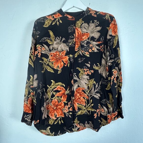 Carole Little Womens Floral Button-Up Blouse Size 14 Black Rayon Long Sleeve - Picture 1 of 9